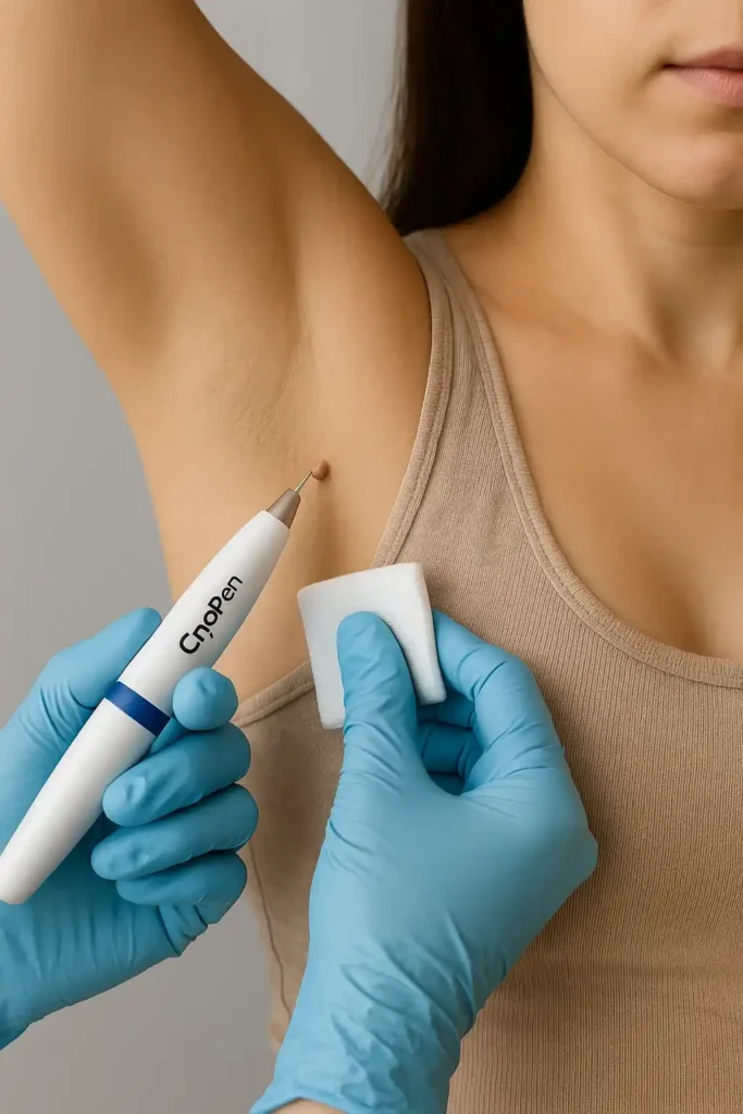 woman having cryopen to remove underarm skin tags Lincoln