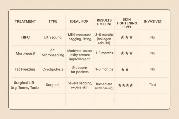 Table showing the comparisons of Skin tightening Lincoln treatment options.